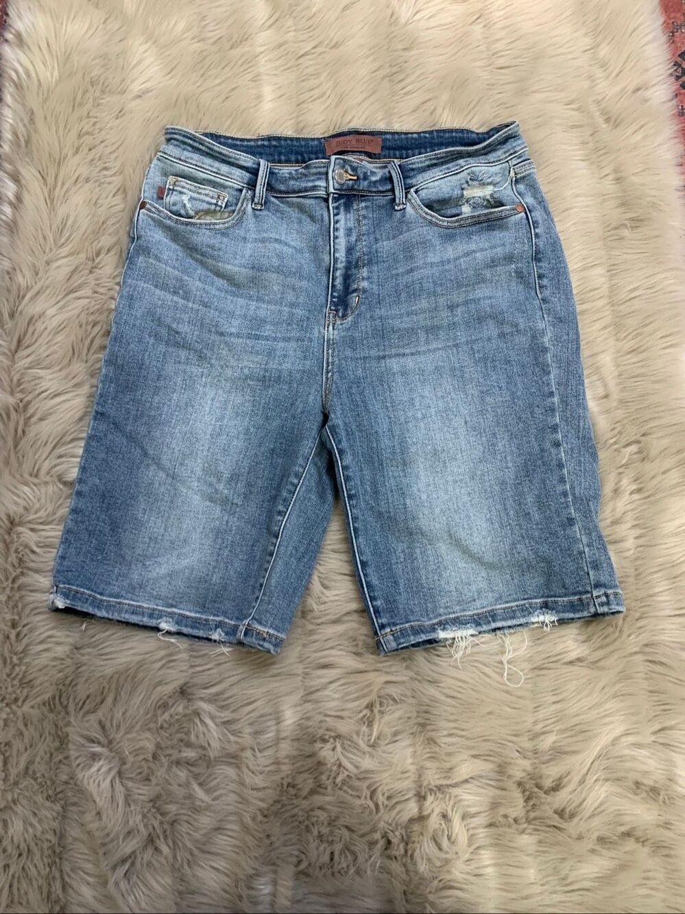 Judy Blue High Rise Waisted Distressed Hem Bermuda Denim Shorts XL